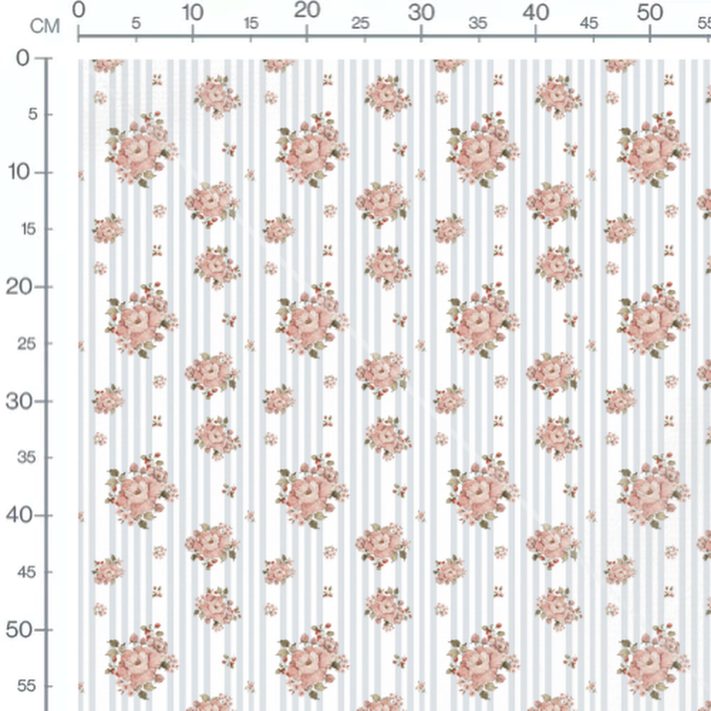 Tissu - Fleurs roses sur rayures grises