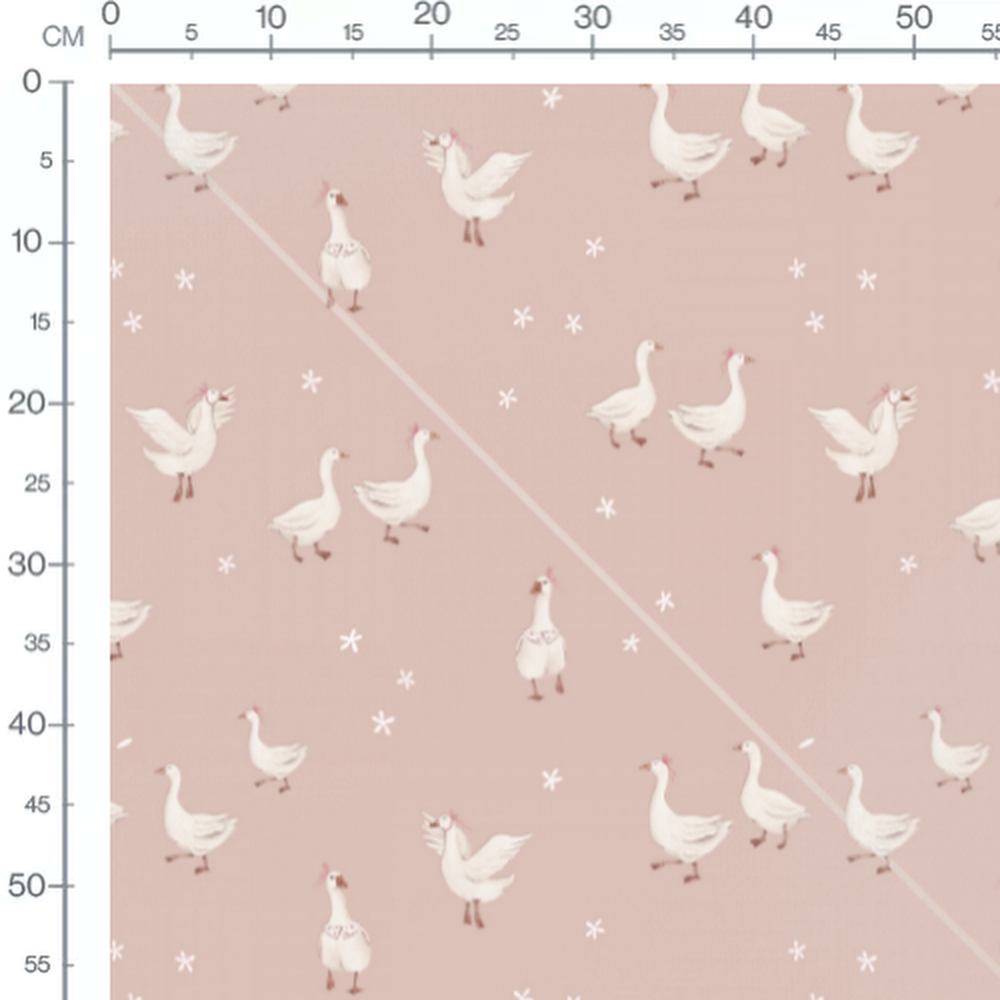Tissu - Oies blanches et étoiles roses