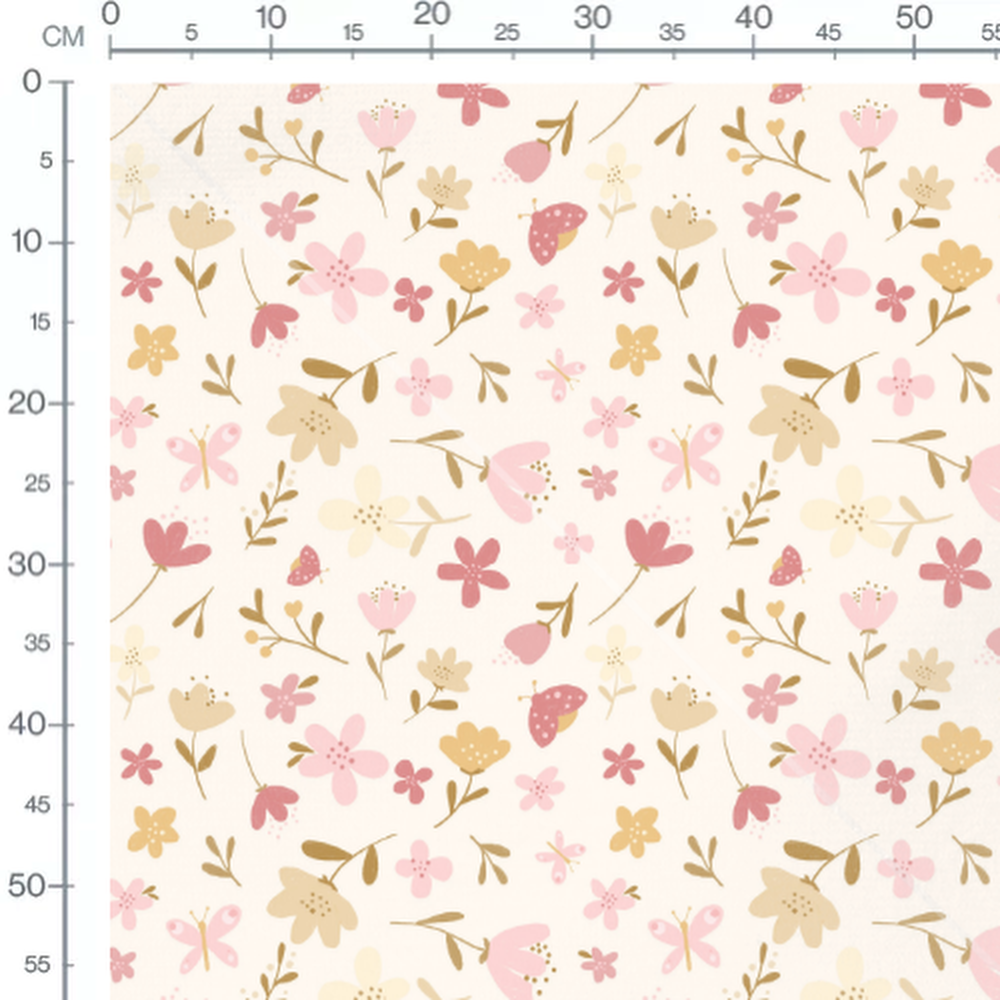 Tissu - Fleurs roses et insectes doux