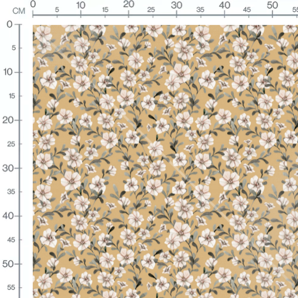 Tissu - Fleurs blanches et feuillage gris