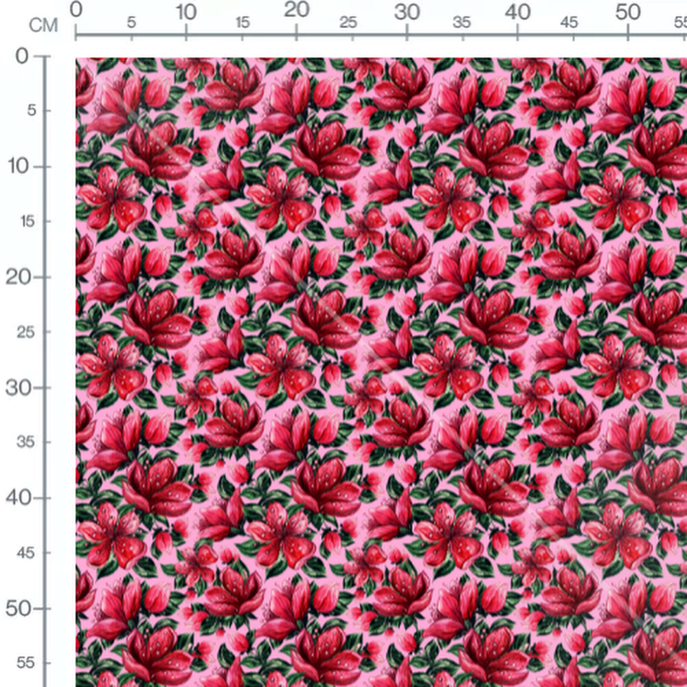 Tissu - Fleurs rouges sur fond rose 2