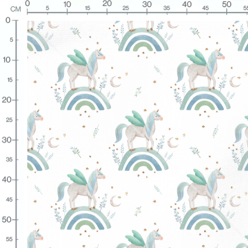 Tissu - Licornes vertes sur fond blanc