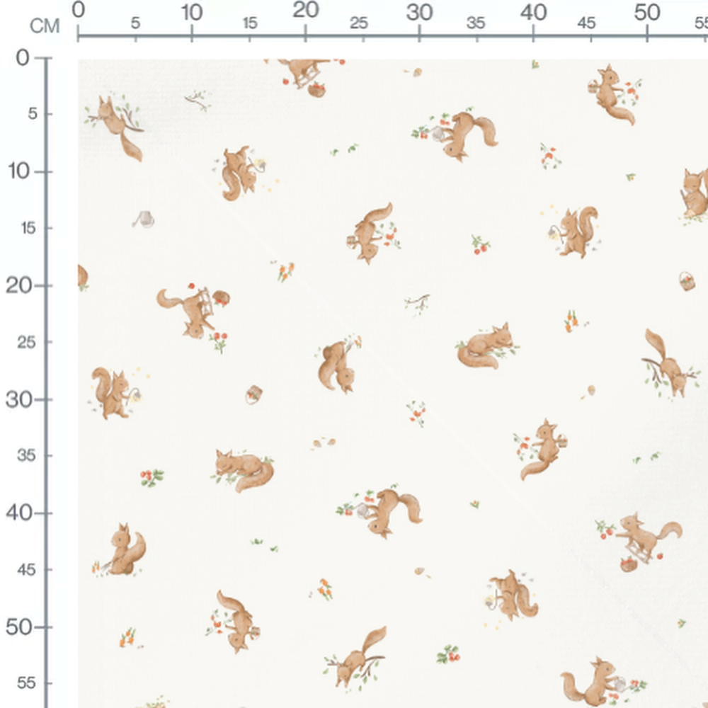 Tissu - Écureuils et fleurs sur fond blanc