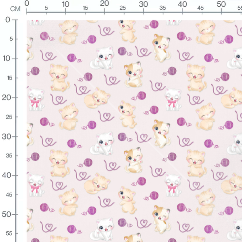 Tissu - Chats et pelotes violettes