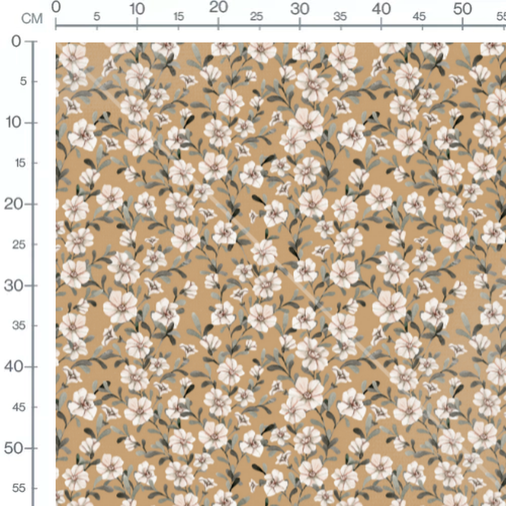 Tissu - Fleurs blanches et feuillage vert