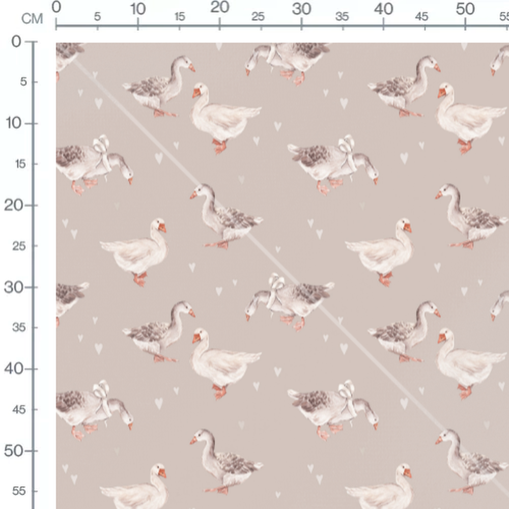 Tissu - Oies et cœurs sur beige