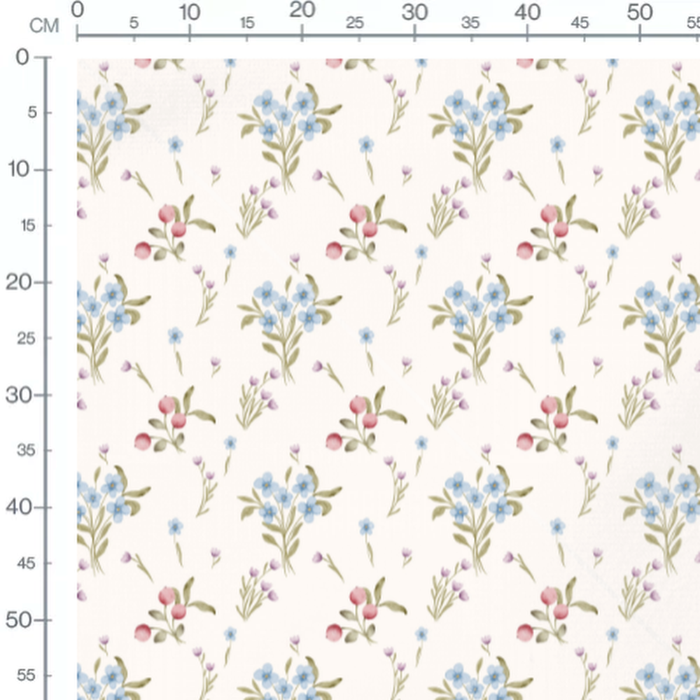 Tissu - Fleurs bleues et roses crème