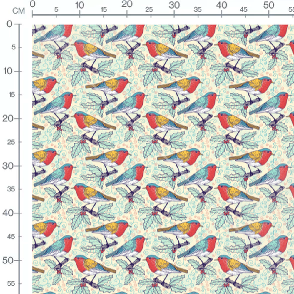 Tissu - Oiseaux et feuilles de houx