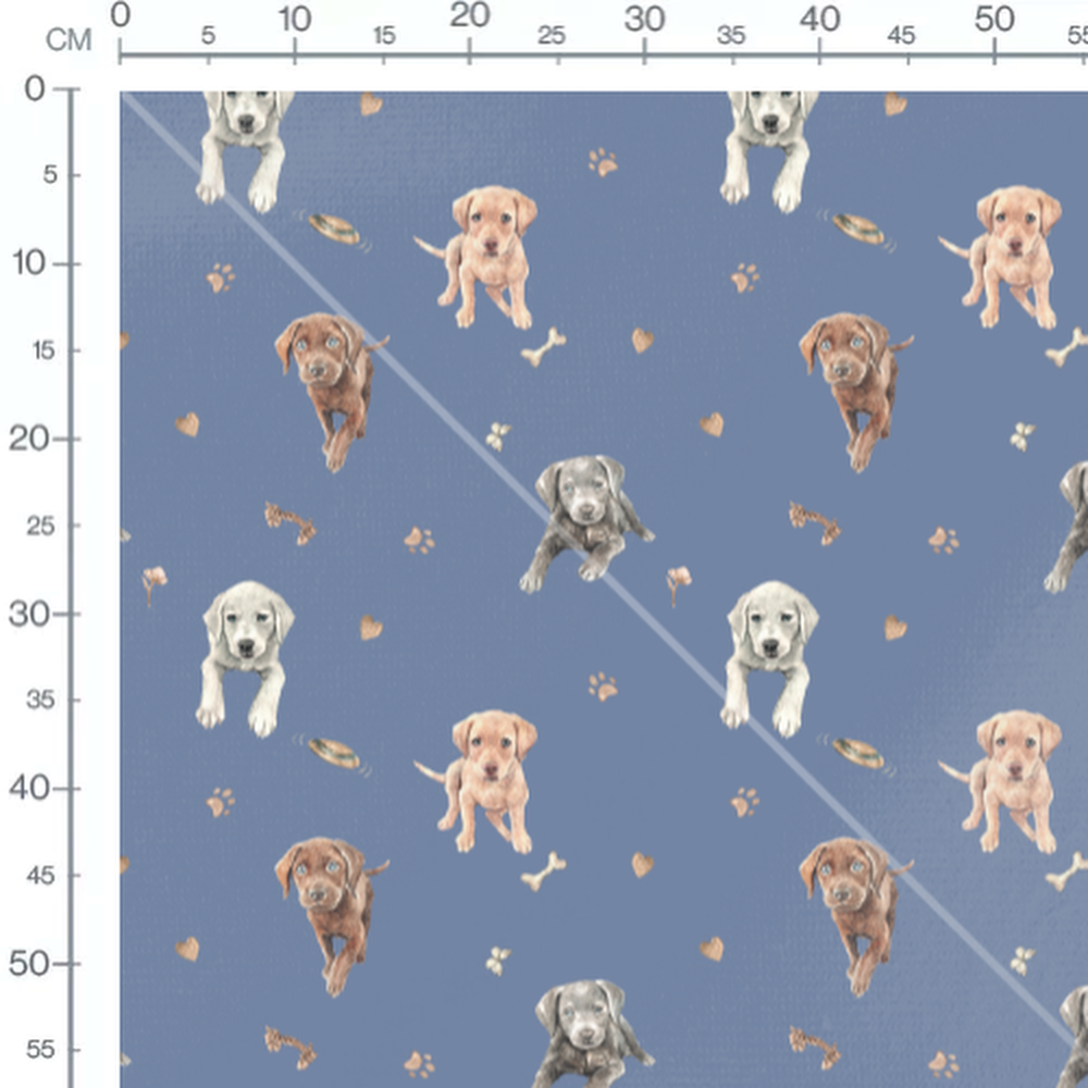 Tissu - Chiots et empreintes sur bleu