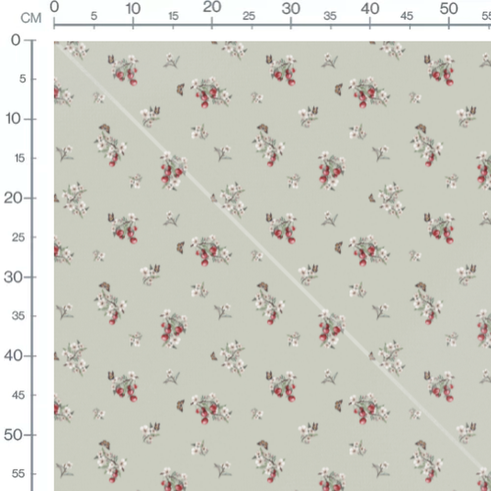 Tissu - Cerises et fleurs sur vert clair