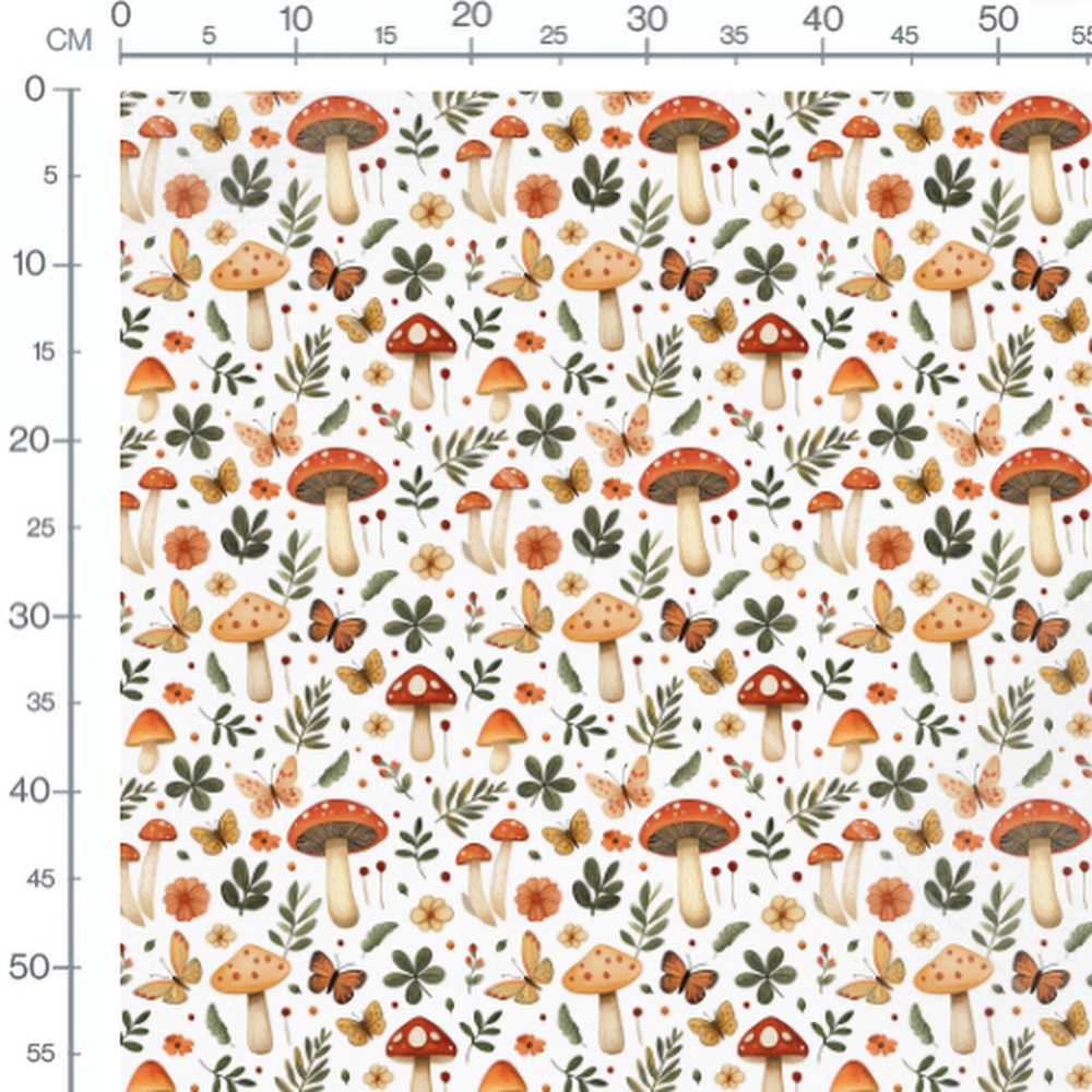 Tissu - Champignons et papillons colorés