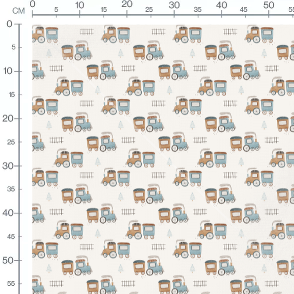 Tissu - Trains et sapins dessinés