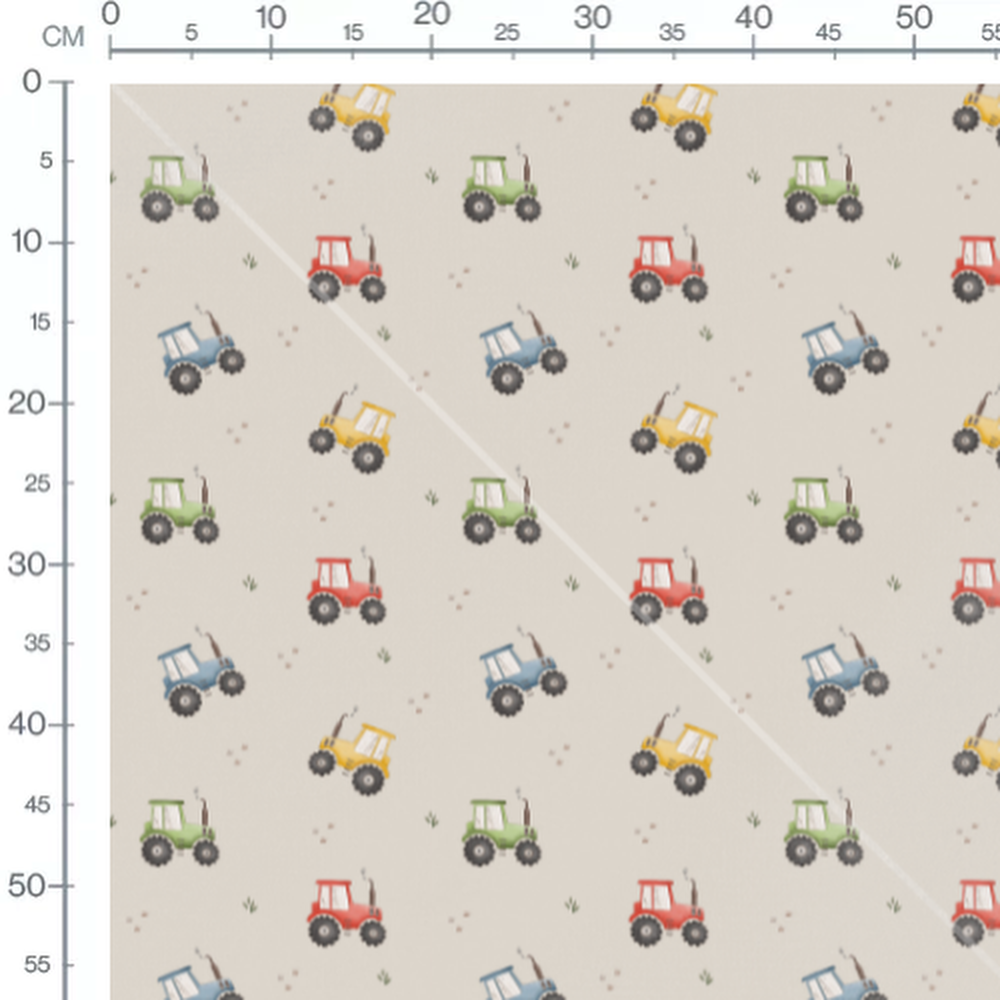 Tissu - Tracteurs multicolores sur beige