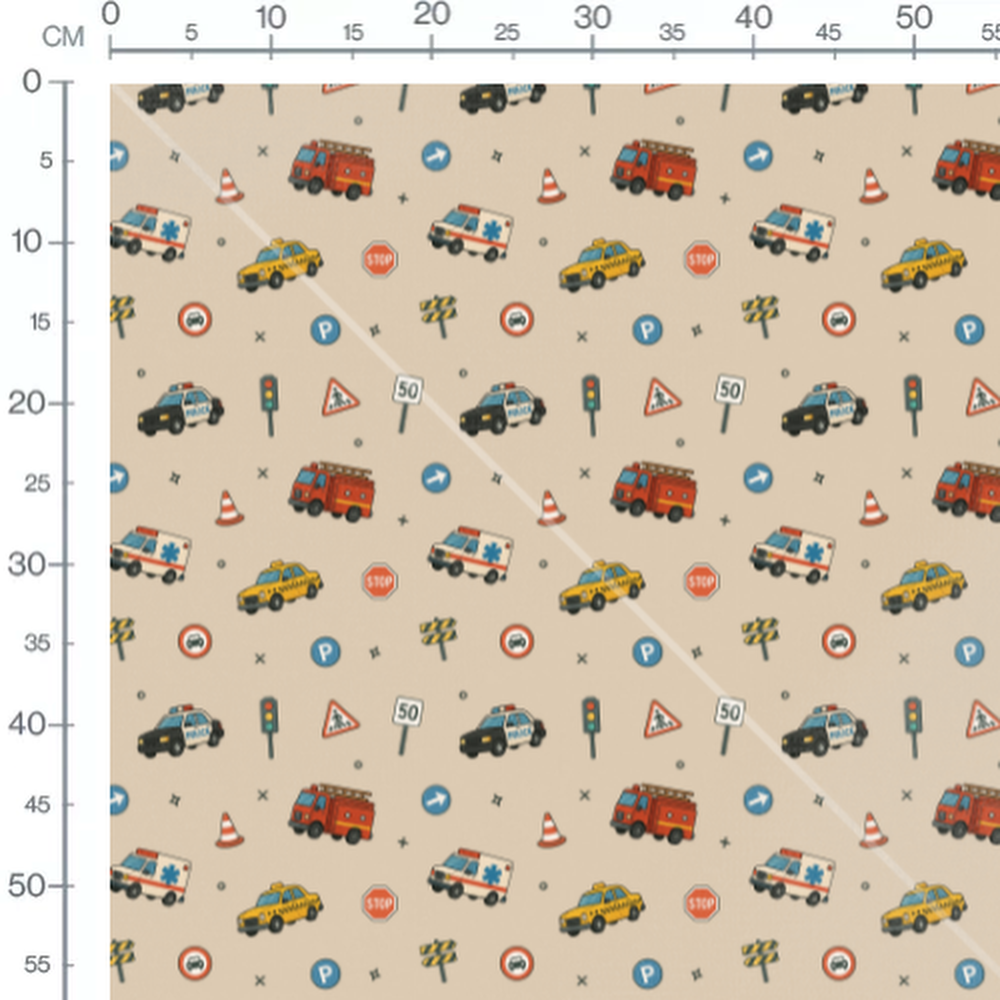 Tissu - Véhicules colorés sur beige