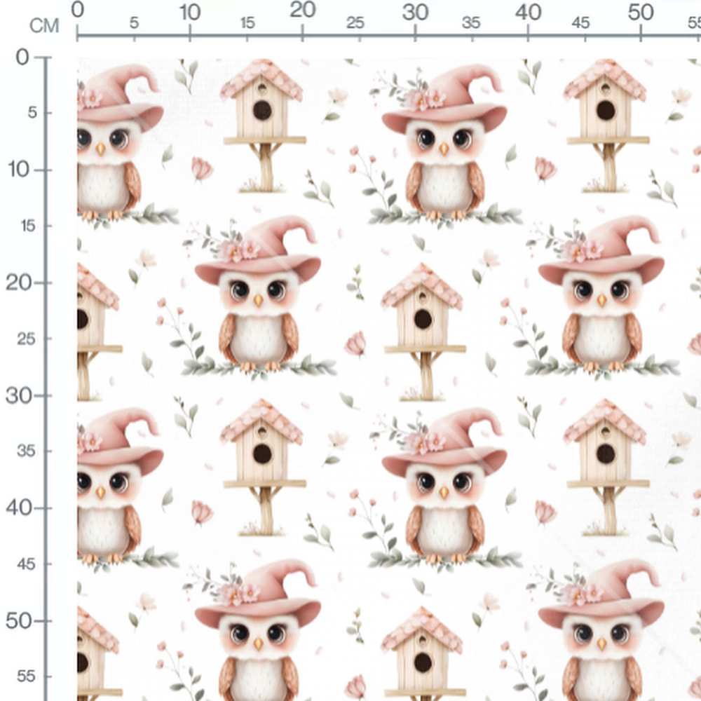 Tissu - Chouettes et nichoirs roses