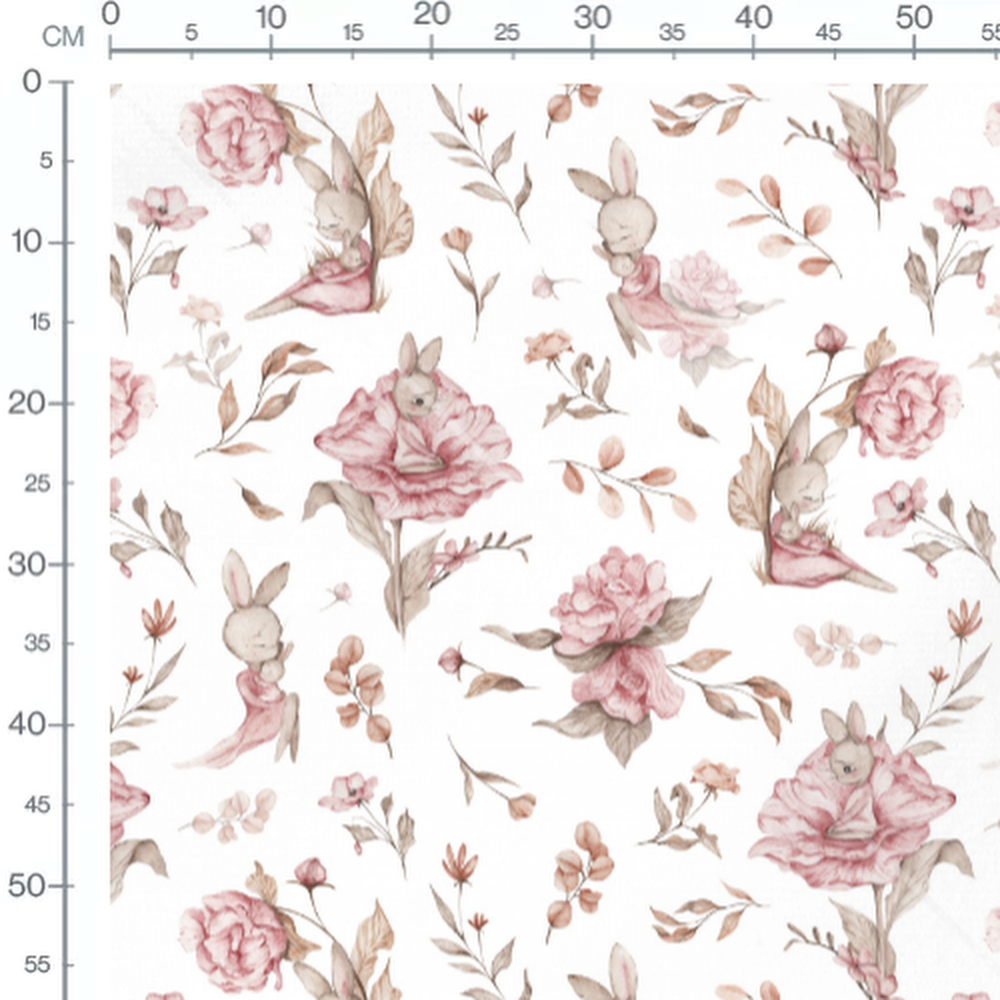 Tissu - Lapins endormis et fleurs