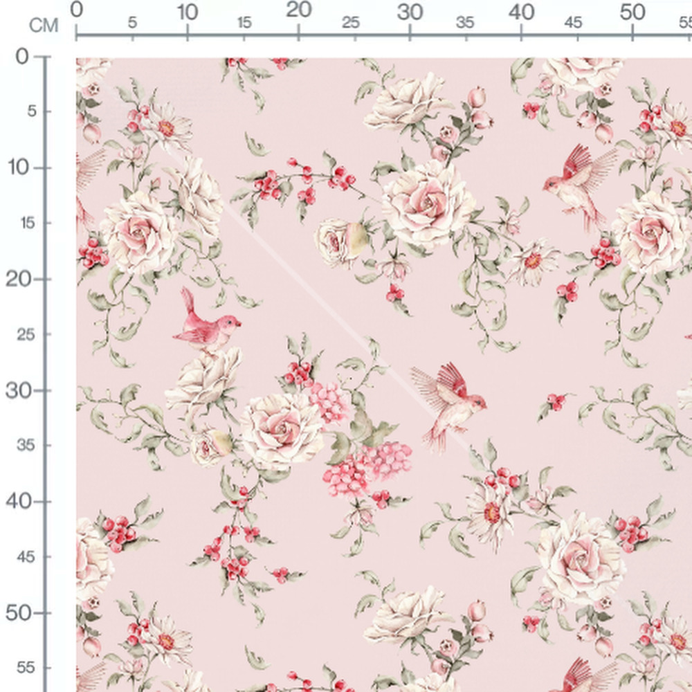 Tissu - Oiseaux roses sur fond pâle