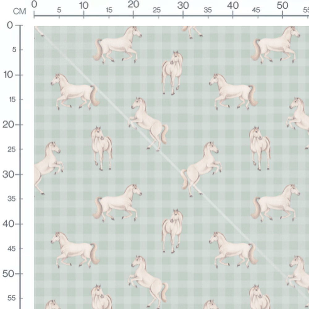 Tissu - Chevaux blancs sur fond vert