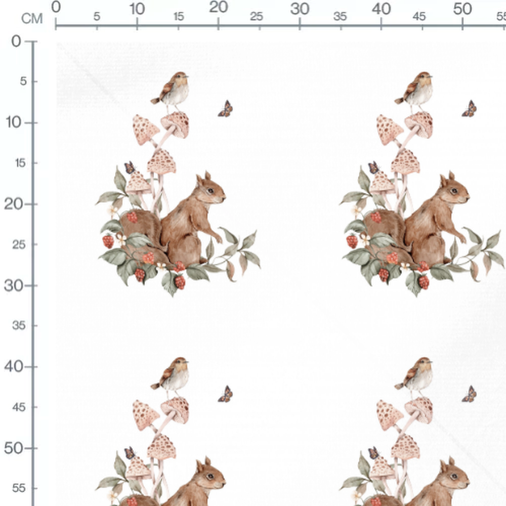 Tissu - Écureuil et champignons roses