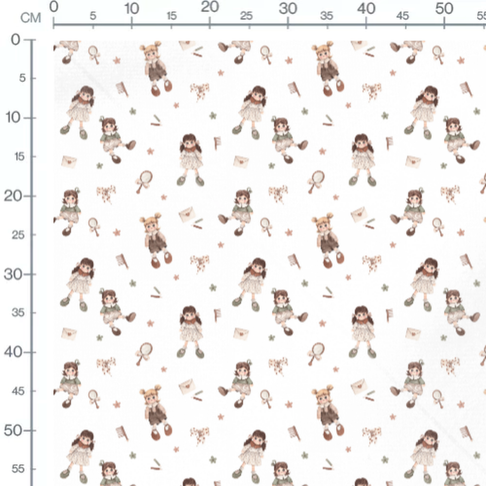 Tissu - Poupées rétro sur fond blanc