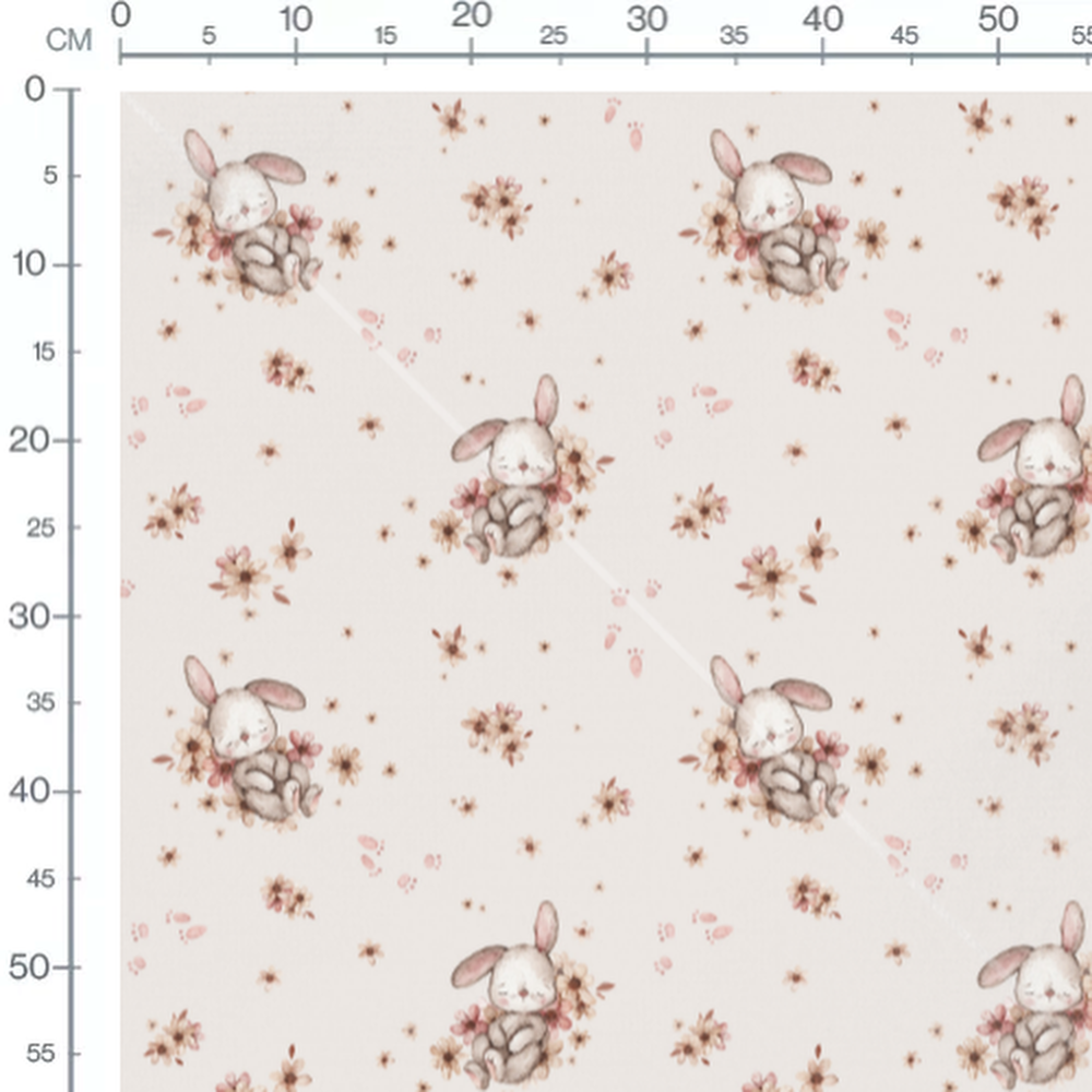 Tissu - Lapins gris et fleurs pastel