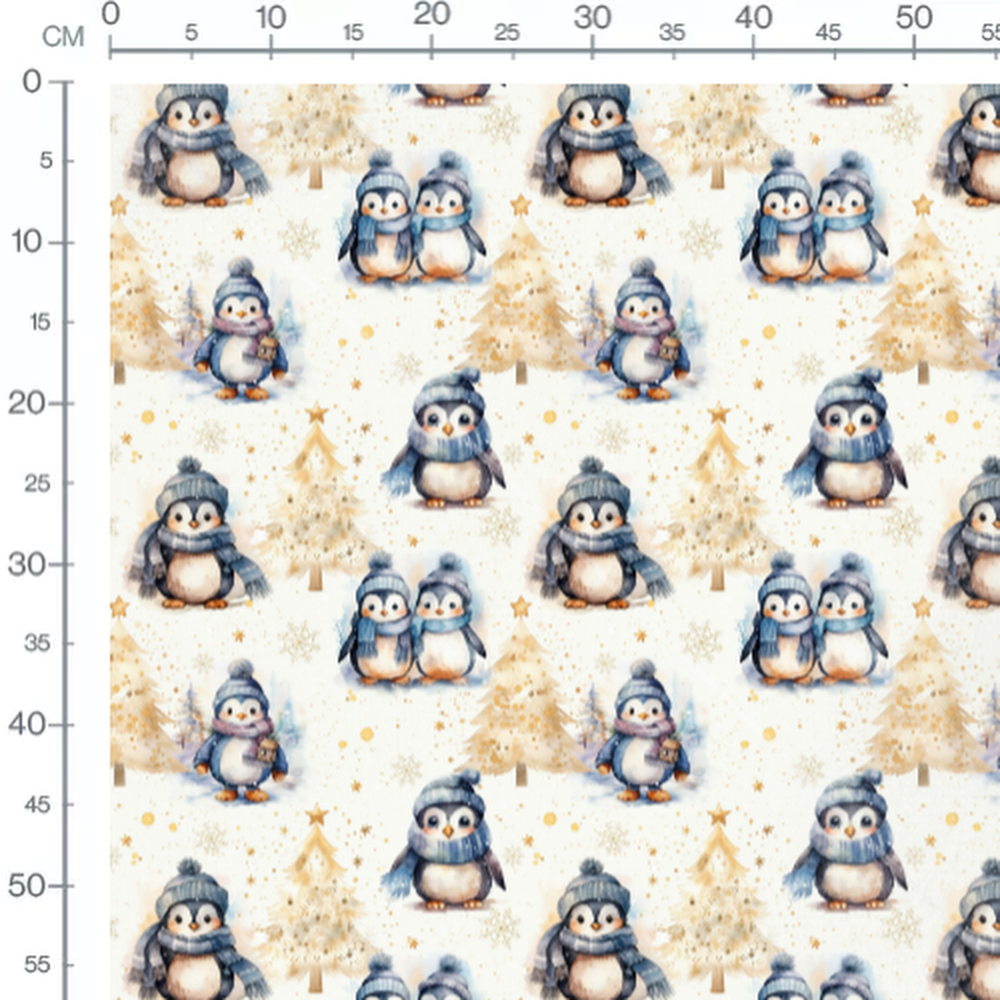 Tissu - Pingouins et sapins enneigés