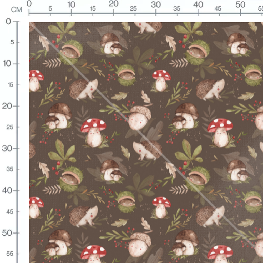 Tissu - Hérissons et champignons brun