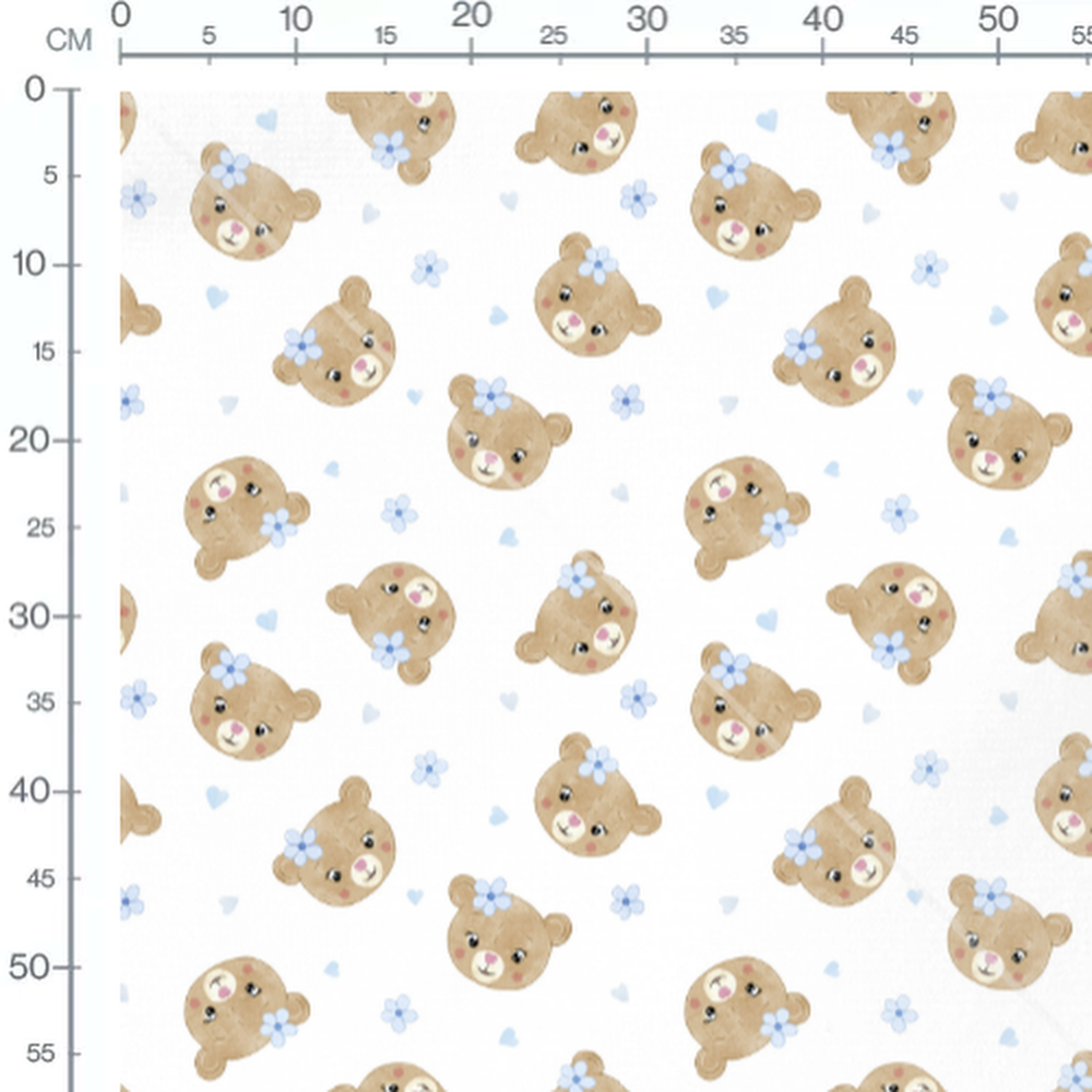 Tissu - Têtes d'oursons et fleurs