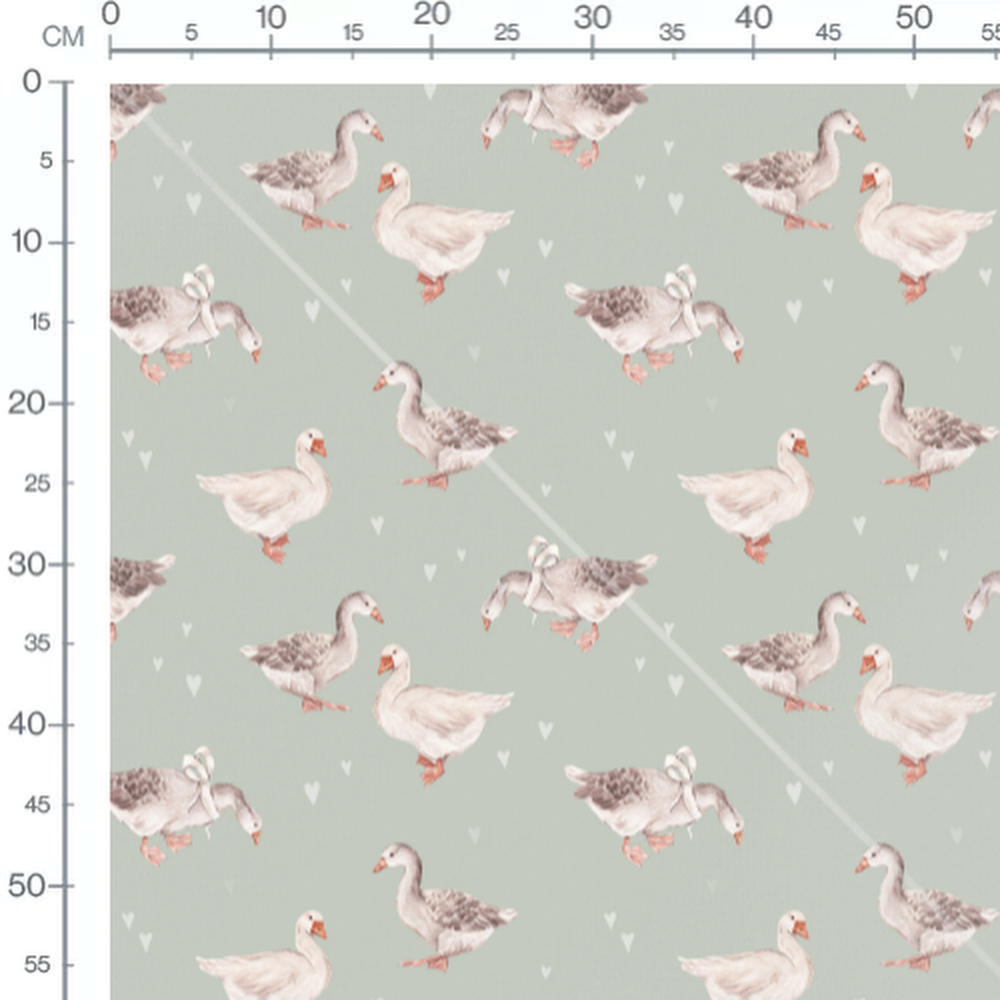 Tissu - Oies et cœurs sur vert clair