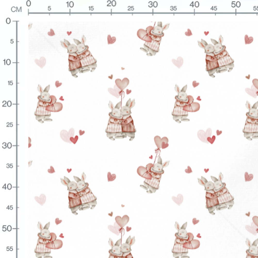 Tissu - Lapins roses et cœurs rouges