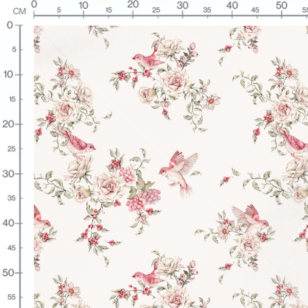 Tissu - Oiseaux roses sur fond crème