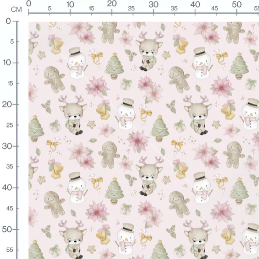 Tissu - Rennes et neige sur rose