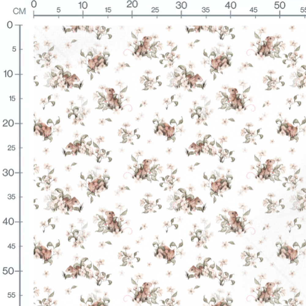 Tissu - Souris brunes et fleurs blanches