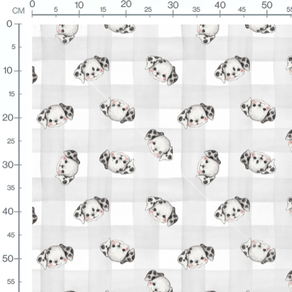 Tissu - Chiots sur quadrillé gris