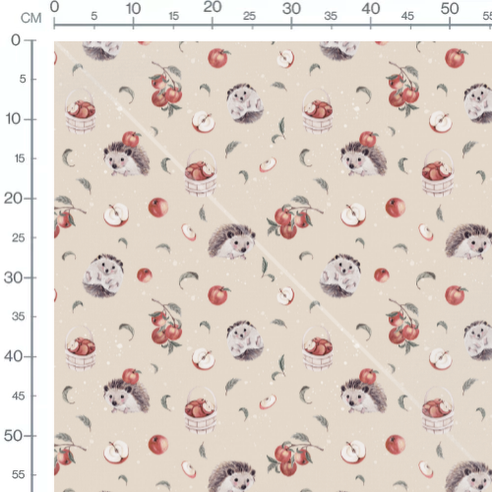 Tissu - Hérissons gris et pommes beiges