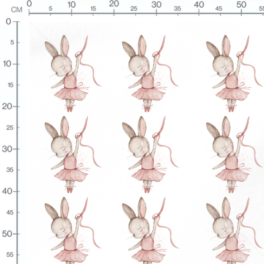 Tissu - Lapins roses et fleurs blanches