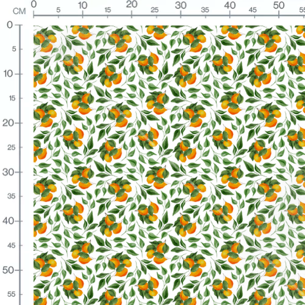 Tissu - Oranges et feuilles sur blanc
