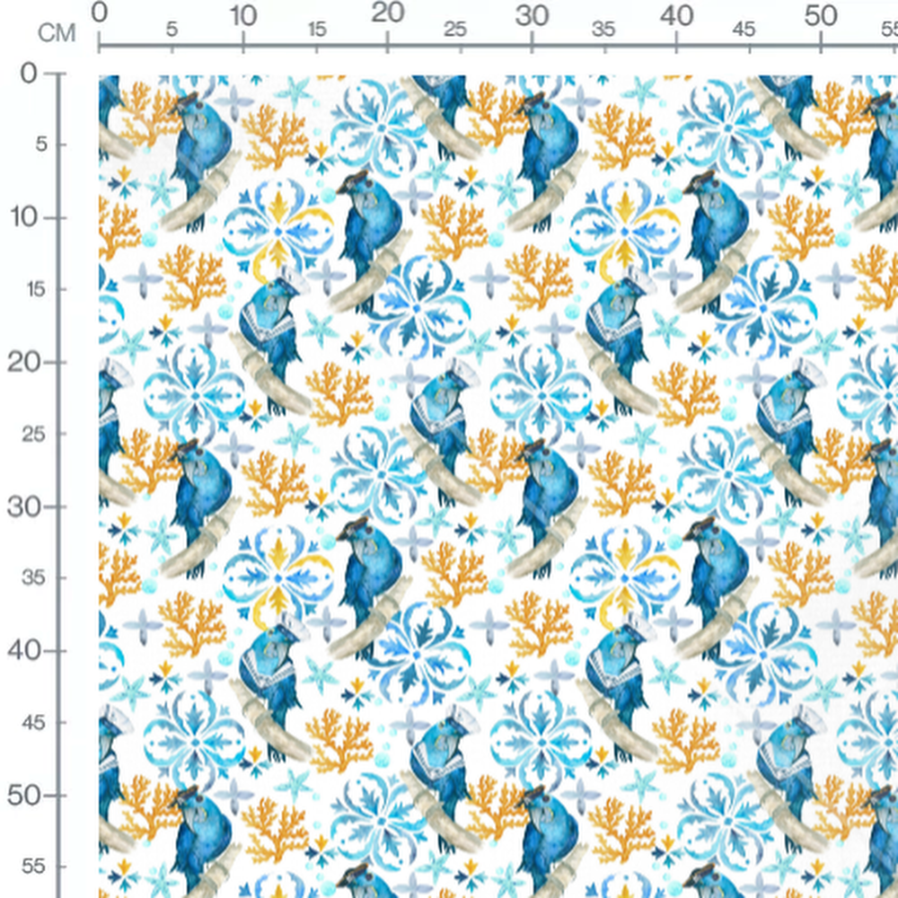 Tissu - Oiseaux bleus et coraux