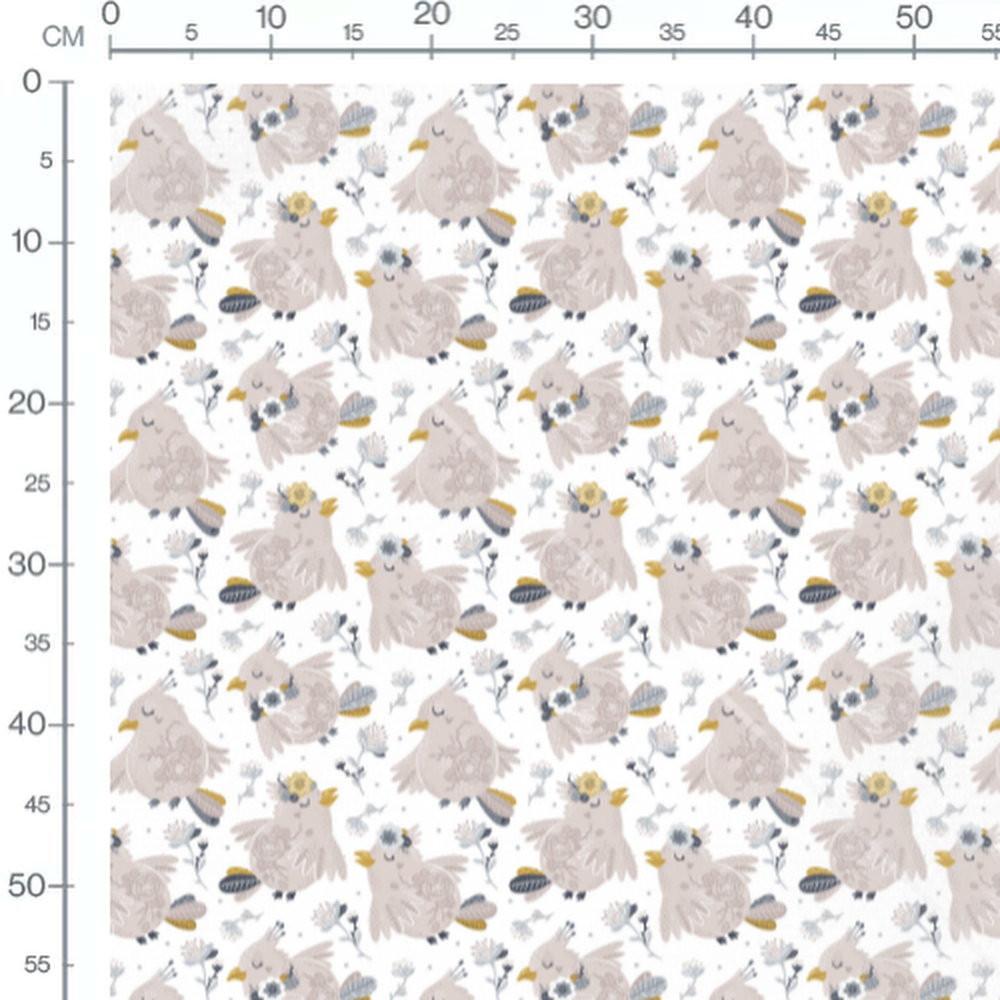 Tissu - Oiseaux roses et fleurs grises