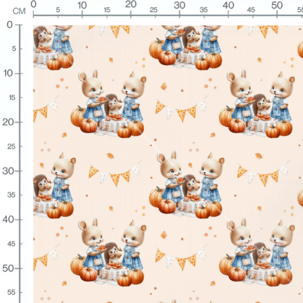 Tissu - Animaux mignons et citrouilles