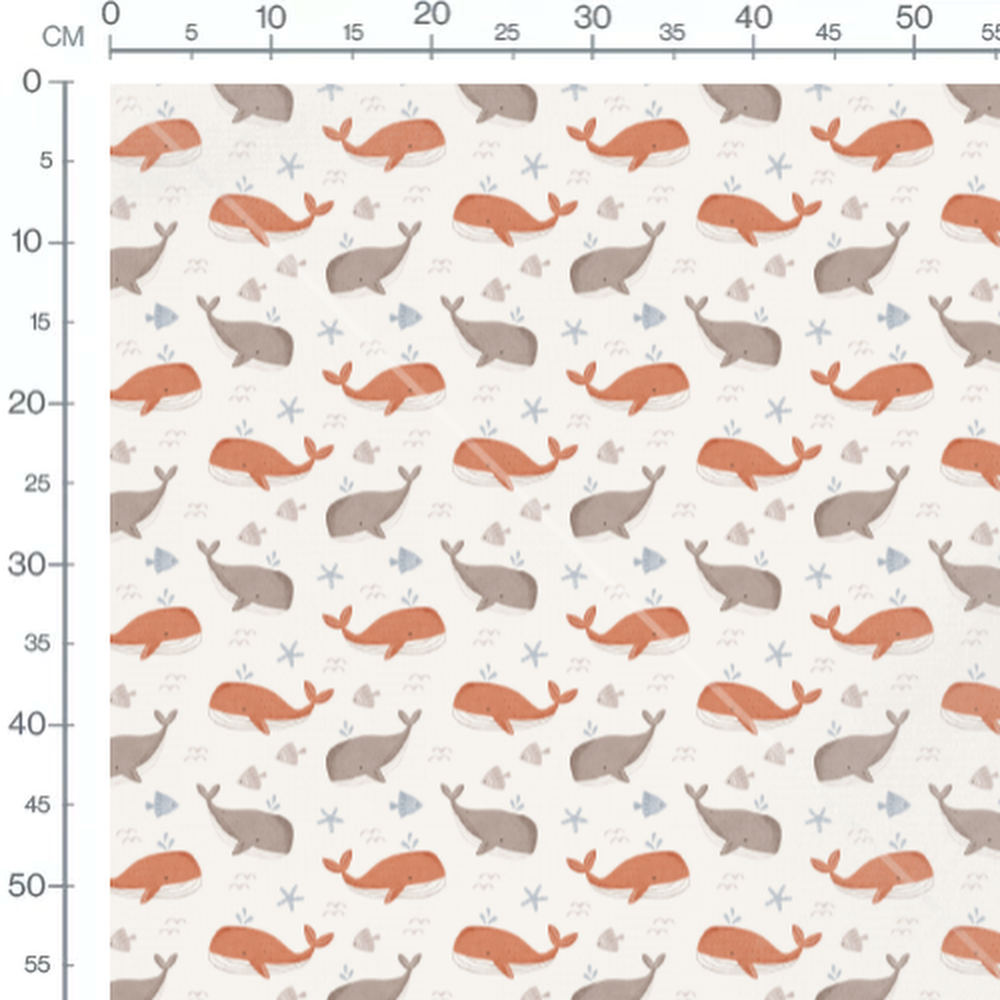 Tissu - Baleines orange et grises