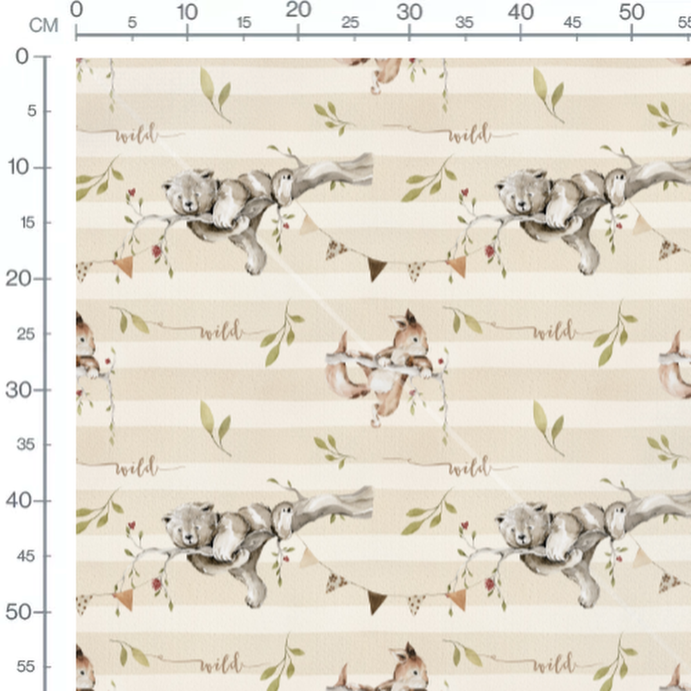 Tissu - Koalas et feuillages sur rayures