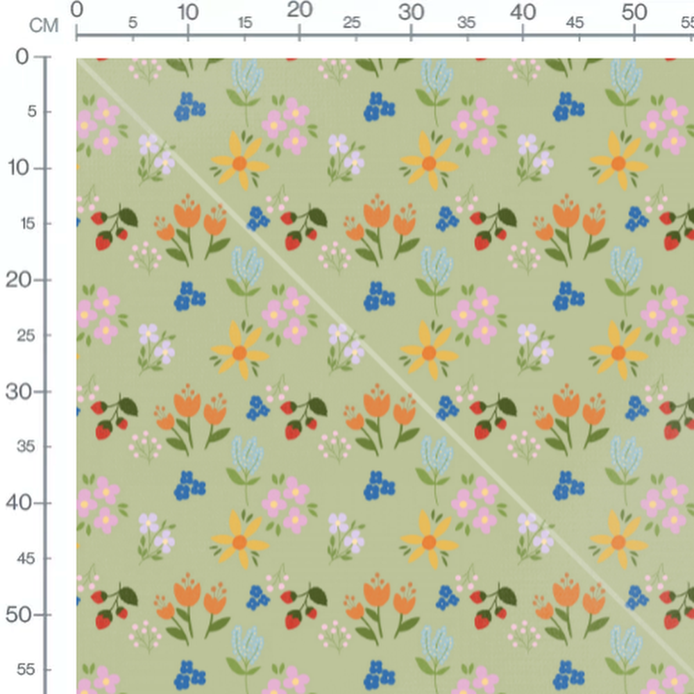 Tissu - Fleurs et baies sur vert