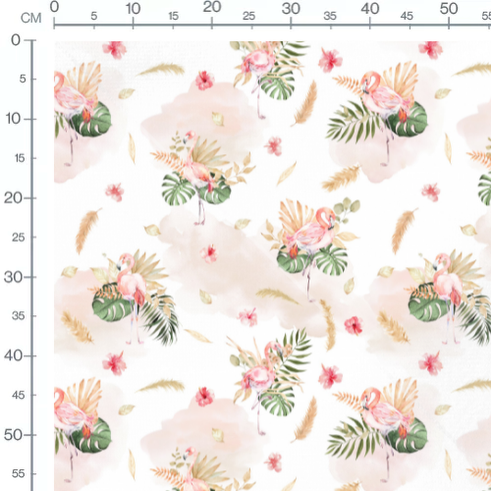 Tissu - Flamants roses et feuillage blanc