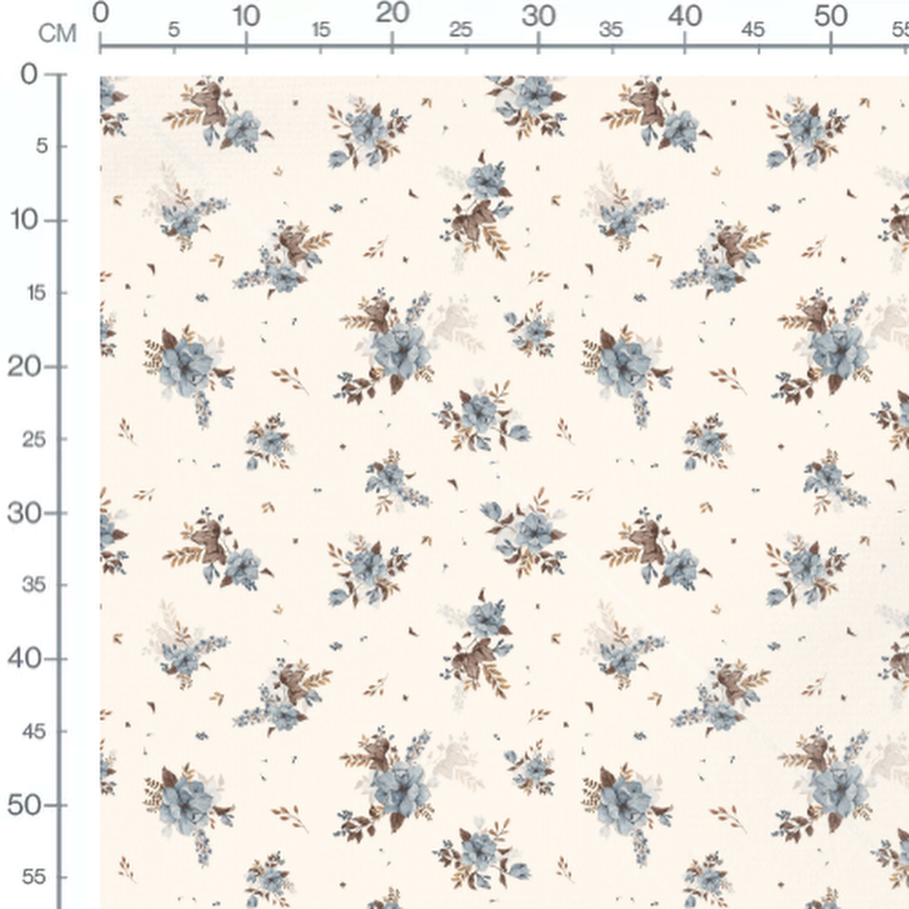 Tissu - Fleurs bleues brunes sur crème