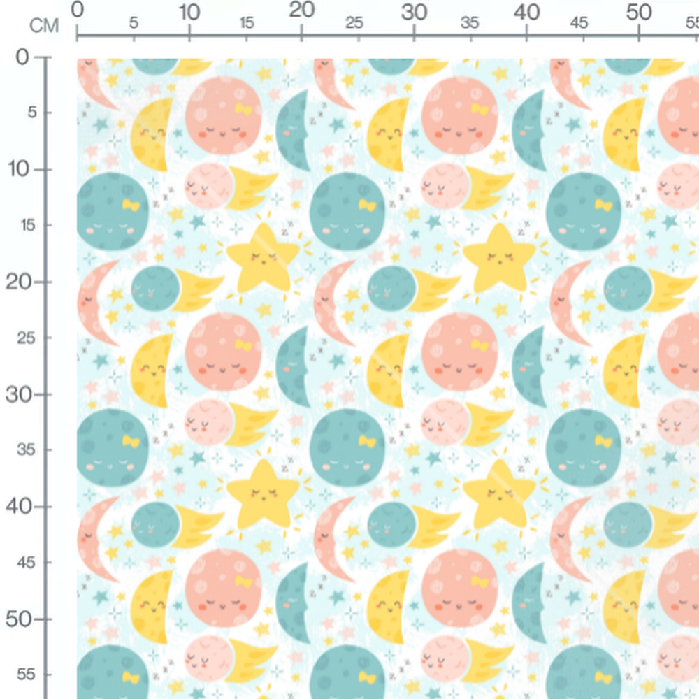 Tissu - Planètes multicolores sur bleu