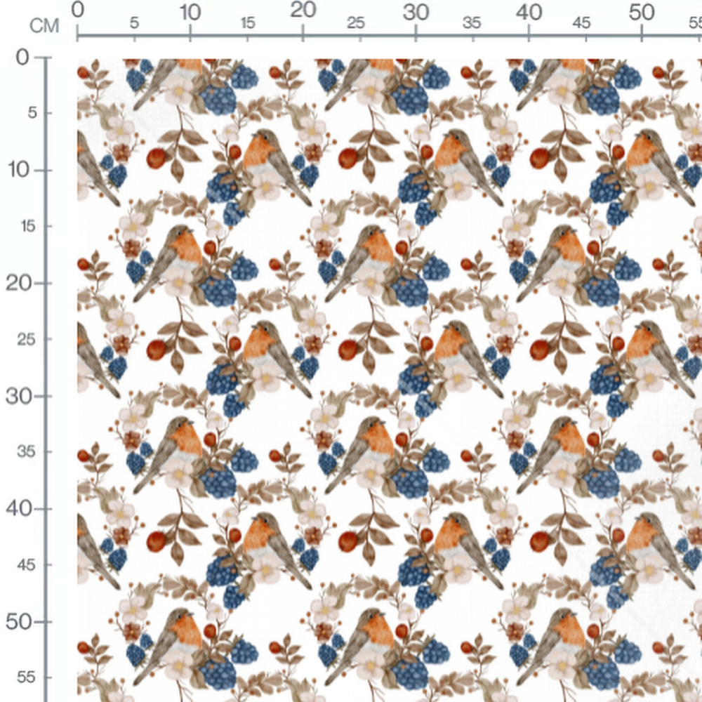 Tissu - Oiseaux et baies sur fond blanc