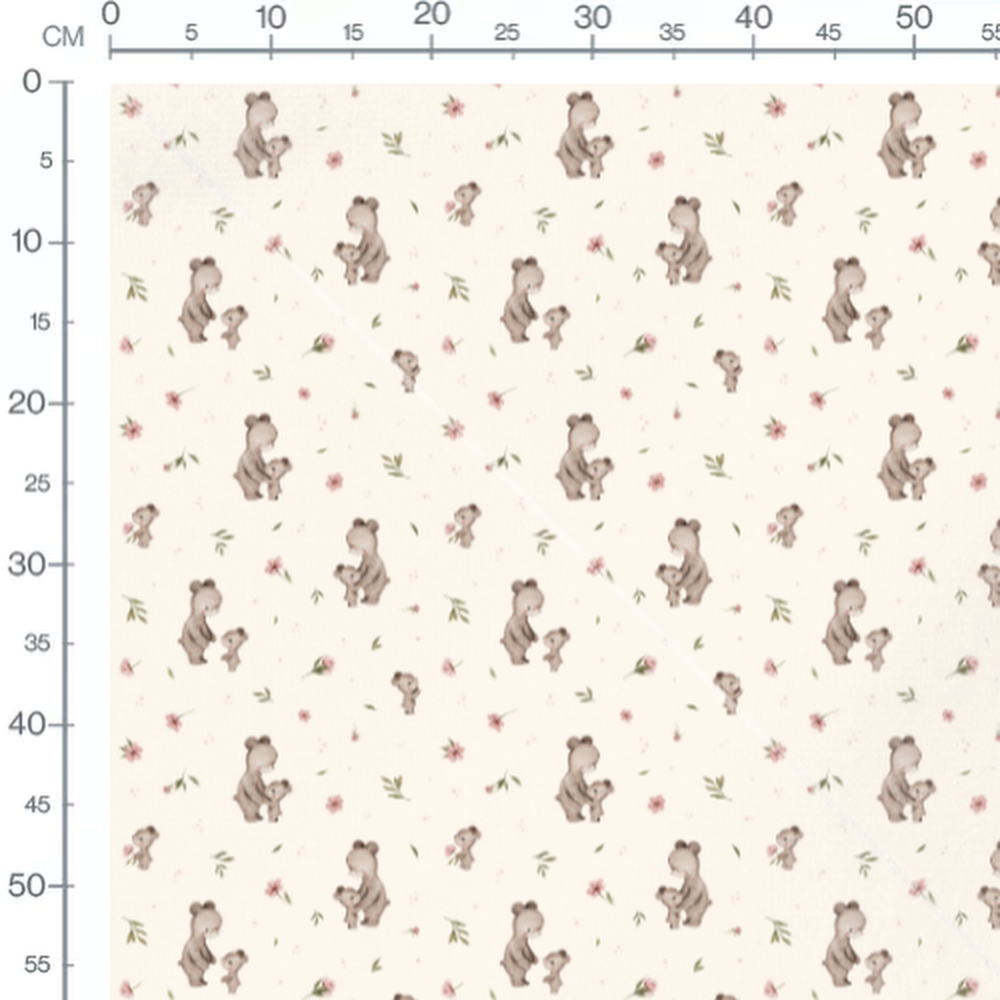 Tissu - Ours bruns et fleurs crème