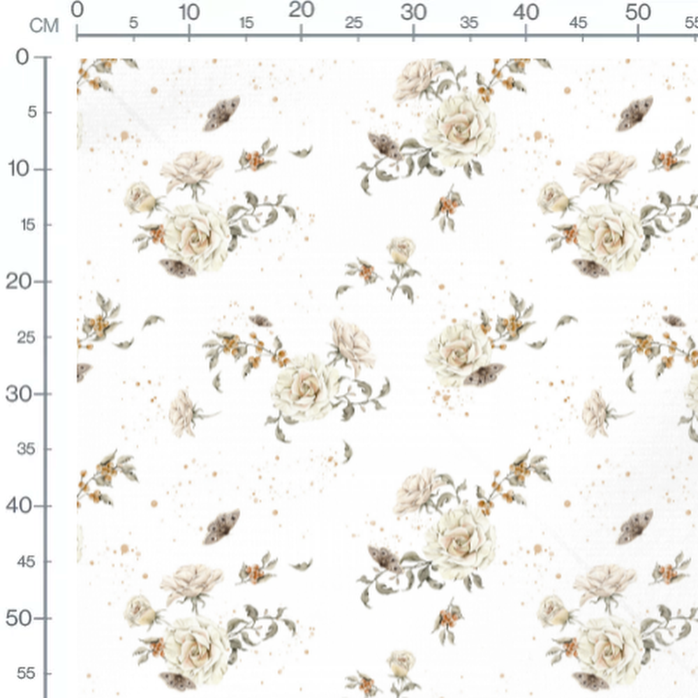 Tissu - Roses et papillons sur blanc