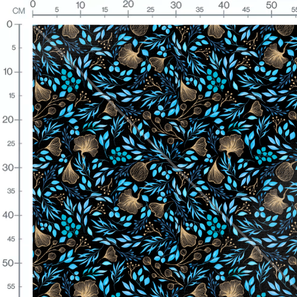 Tissu - Feuilles bleues et dorées
